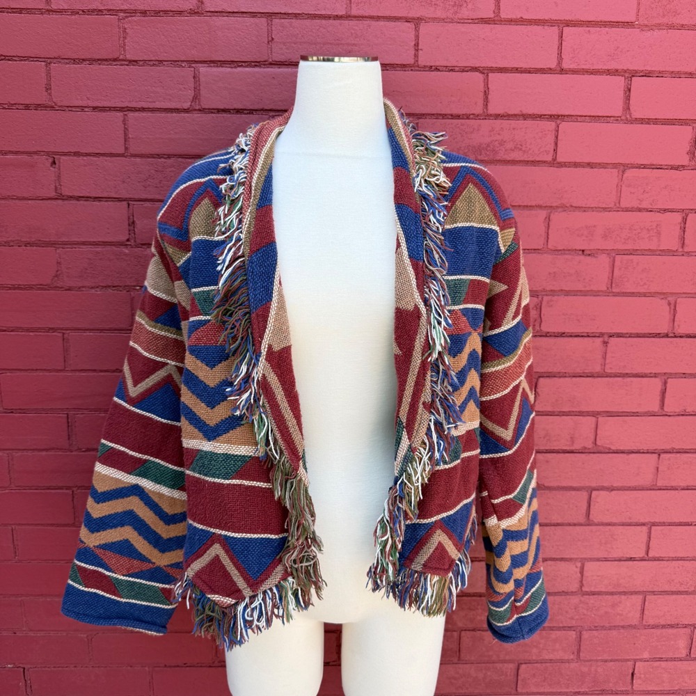 Vtg BMW Designs Cardigan Woven Jacket Size S/M Southwestern Fringe‎ Native USA
